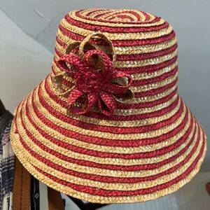 MAGID HATS Red and Tan Striped Sun Hat with Flower Accent